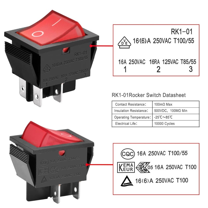 Heschen Rocker Switch ON-Off DPST 4 Terminals Red Light 16A 250VAC 2Pack - Image 4